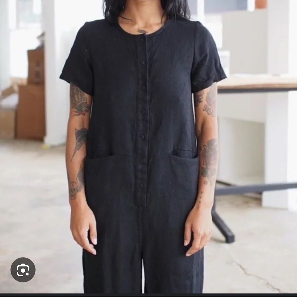 Beaton Linen Black Short Sleeve Overall Jumpsuit